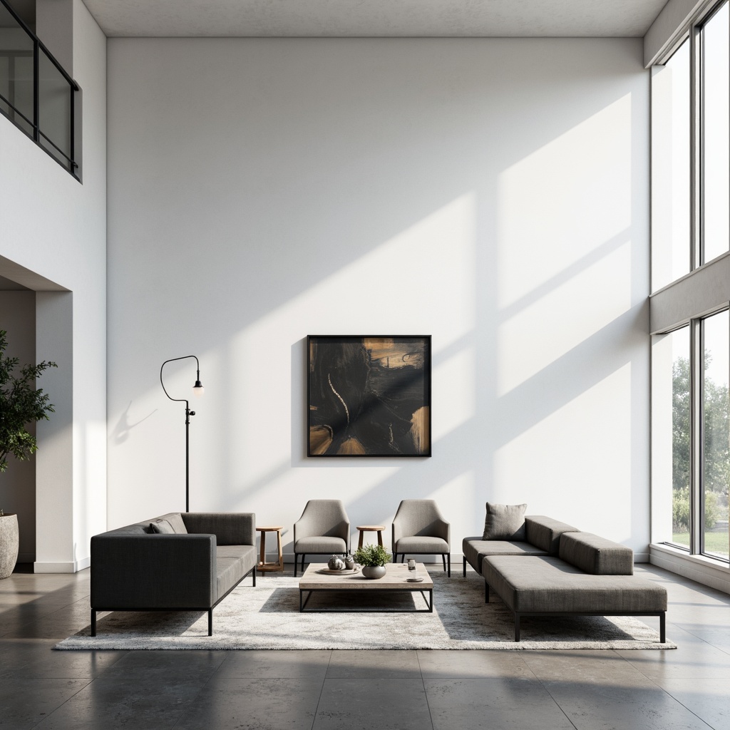 Prompt: Minimalist interior, clean lines, monochromatic color scheme, sleek furniture, low-profile sofas, geometric coffee tables, industrial metal chairs, polished concrete floors, large windows, abundant natural light, subtle textures, soft shadows, 1/1 composition, symmetrical framing, high-contrast lighting, abstract artwork, Scandinavian-inspired design.