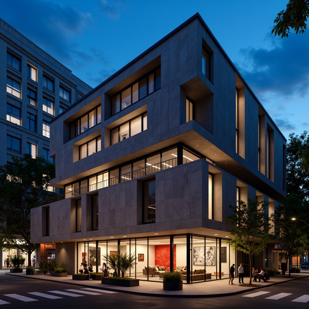 Prompt: Geometric hotel facade, asymmetrical composition, rectangular windows, industrial materials, raw concrete walls, steel beams, minimalist decor, functional simplicity, bold color accents, abstract artwork, urban cityscape, busy streets, modern streetlights, dramatic nighttime lighting, low-angle shot, 1/2 composition, high-contrast tone, cinematic atmosphere, brutalist architecture, clean lines, rectangular shapes, functional minimalism.