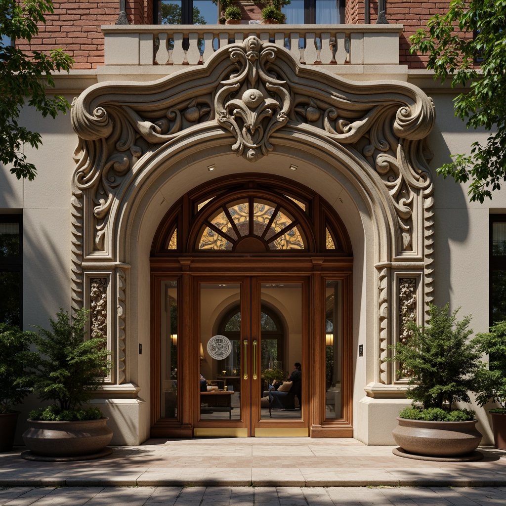 Prompt: Intricate bank facade, ornate stone carvings, flowing organic lines, curved wooden doors, stained glass windows, grand entrance hall, marble floors, polished bronze fixtures, natural stone walls, lush greenery, potted plants, warm ambient lighting, soft focus, shallow depth of field, 1/2 composition, realistic textures, ambient occlusion.