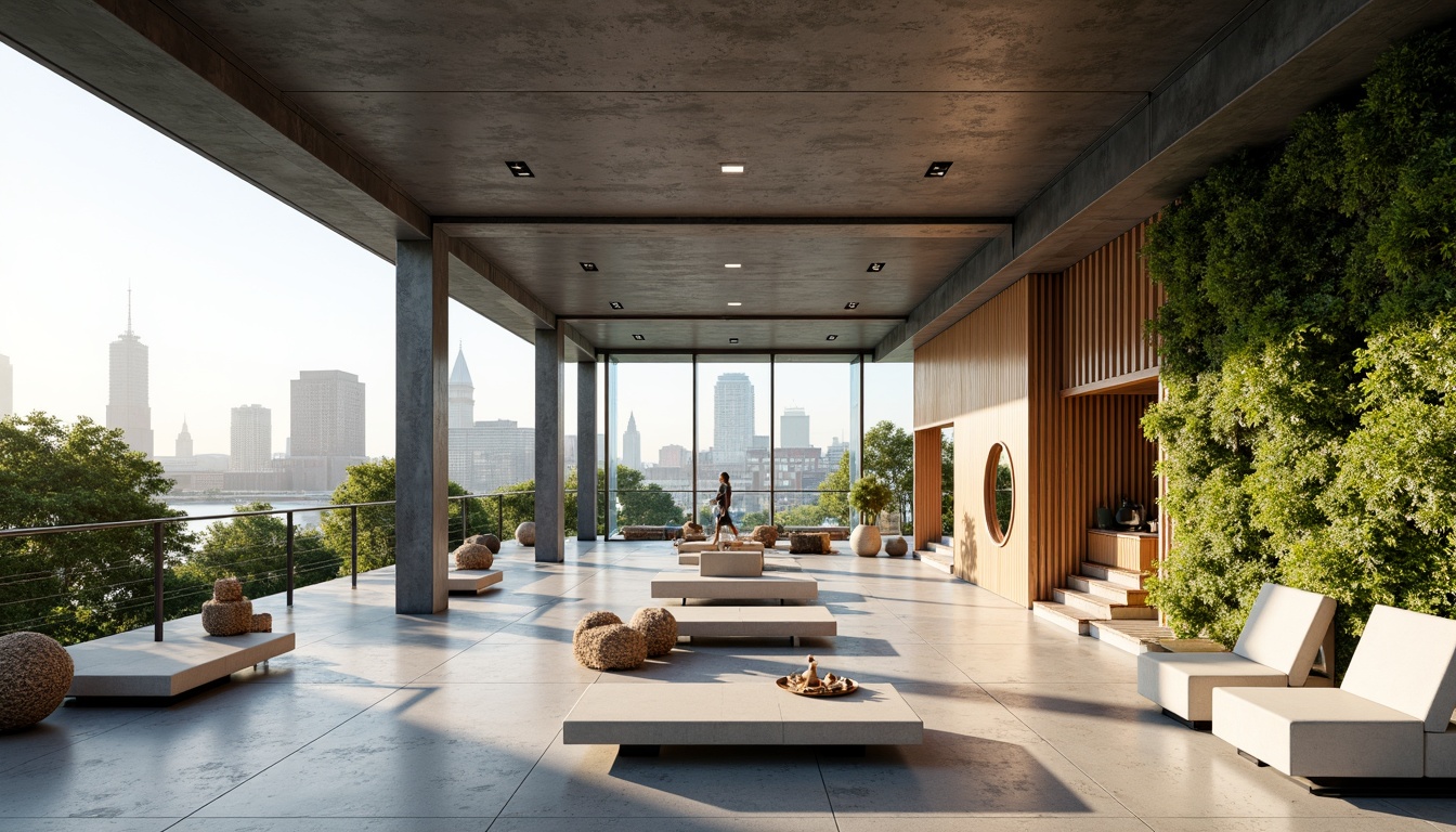 Prompt: Open-plan pavilion, minimalist interior, sleek metal framework, floor-to-ceiling glass walls, natural light pouring in, polished concrete floors, modern furniture pieces, geometric-shaped decorations, vibrant greenery, living walls, urban skyline views, warm neutral color palette, soft diffused lighting, 1/1 composition, shallow depth of field, realistic textures, ambient occlusion.