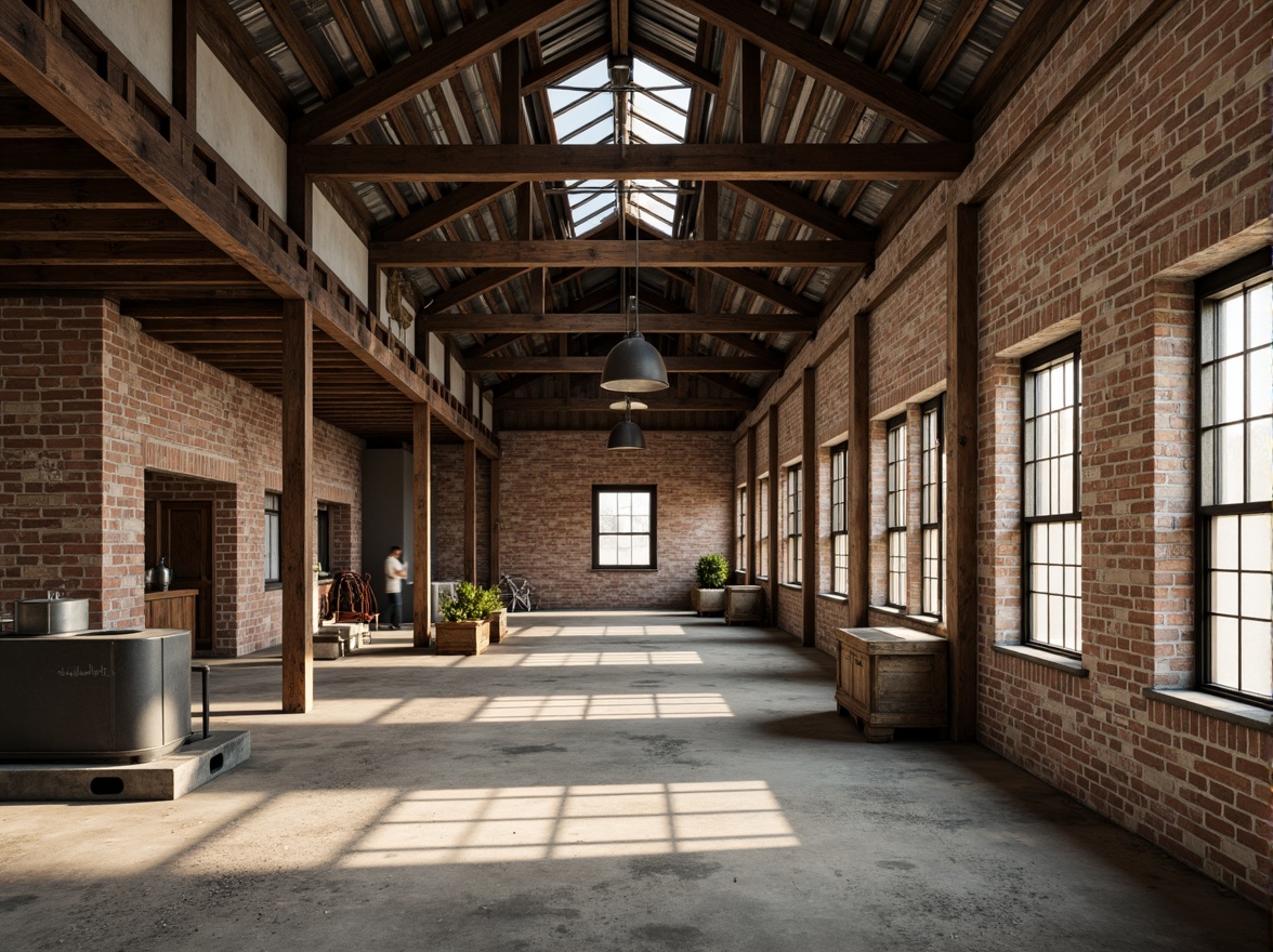 Prompt: Rustic industrial landscape, abandoned factories, worn brick walls, distressed metal roofs, reclaimed wood accents, earthy tones, natural textures, regional materials, local craftsmanship, exposed ductwork, concrete floors, steel beams, functional minimalism, industrial chic aesthetic, warm soft lighting, shallow depth of field, 1/1 composition, realistic renderings, ambient occlusion.