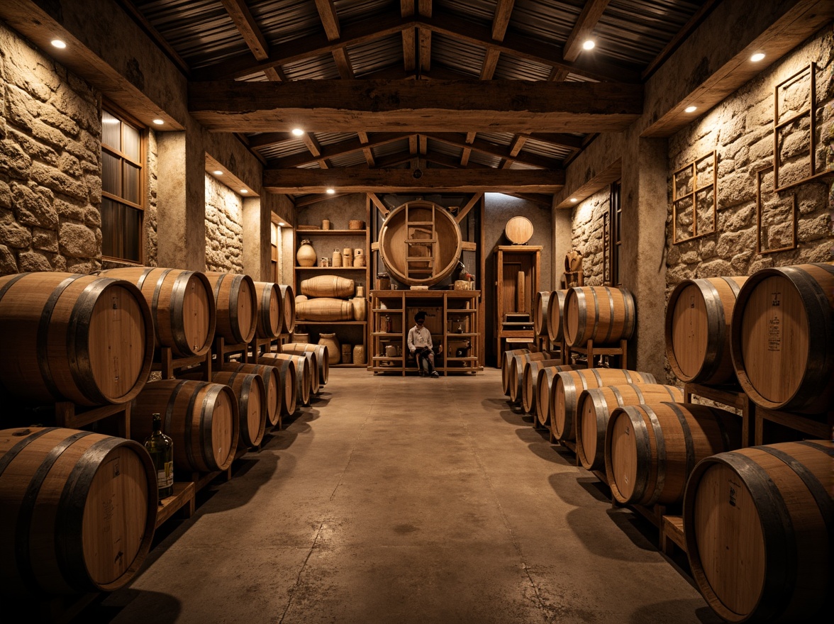 Prompt: Rustic winery, wooden barrels, stone walls, earthy tones, natural lighting, reclaimed wood accents, metal roofing, industrial chic decor, vintage wine-making equipment, exposed brick ceilings, wooden fermentation tanks, oak aging rooms, dim warm ambiance, soft golden lighting, shallow depth of field, 1/1 composition, realistic textures, ambient occlusion.