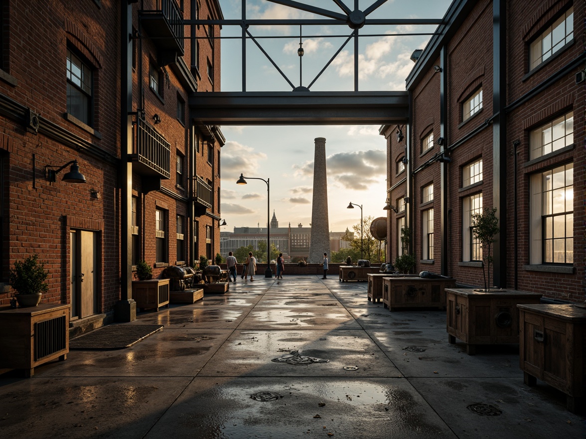 Prompt: Industrial factory setting, exposed brick walls, metal beams, worn wooden floors, distressed concrete textures, vintage machinery, rusty pipes, urban cityscape, cloudy grey skies, warm golden lighting, shallow depth of field, 1/2 composition, realistic materials, ambient occlusion, muted color palette, earthy tones, weathered steel blues, faded reds, industrial greens, creamy whites, rich browns.