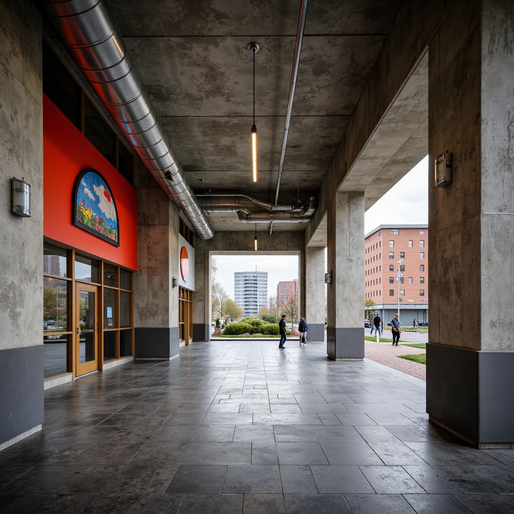 Prompt: Rough-hewn concrete walls, exposed ductwork, industrial metal beams, polished wooden accents, bold color blocking, natural stone flooring, brutalist architecture, middle school setting, educational murals, urban landscape views, overcast skies, dramatic shadows, high-contrast lighting, 1/1 composition, symmetrical framing, gritty textures, ambient occlusion.