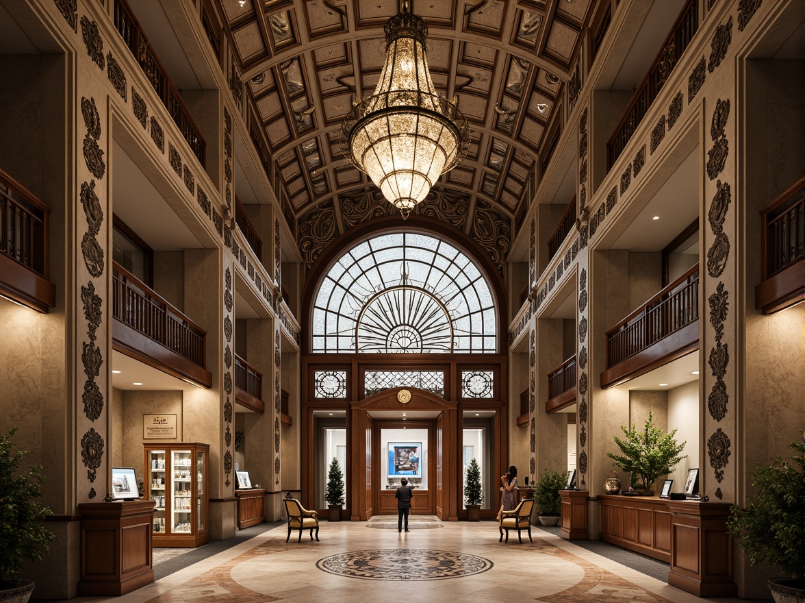 Prompt: Intricate bank facade, ornate Art Nouveau details, natural stone walls, carved wooden doors, stained glass windows, flowing organic lines, botanical motifs, curved metal railings, grand entrance hall, marble floors, polished wood counters, elegant chandeliers, warm soft lighting, shallow depth of field, 1/2 composition, realistic textures, ambient occlusion.