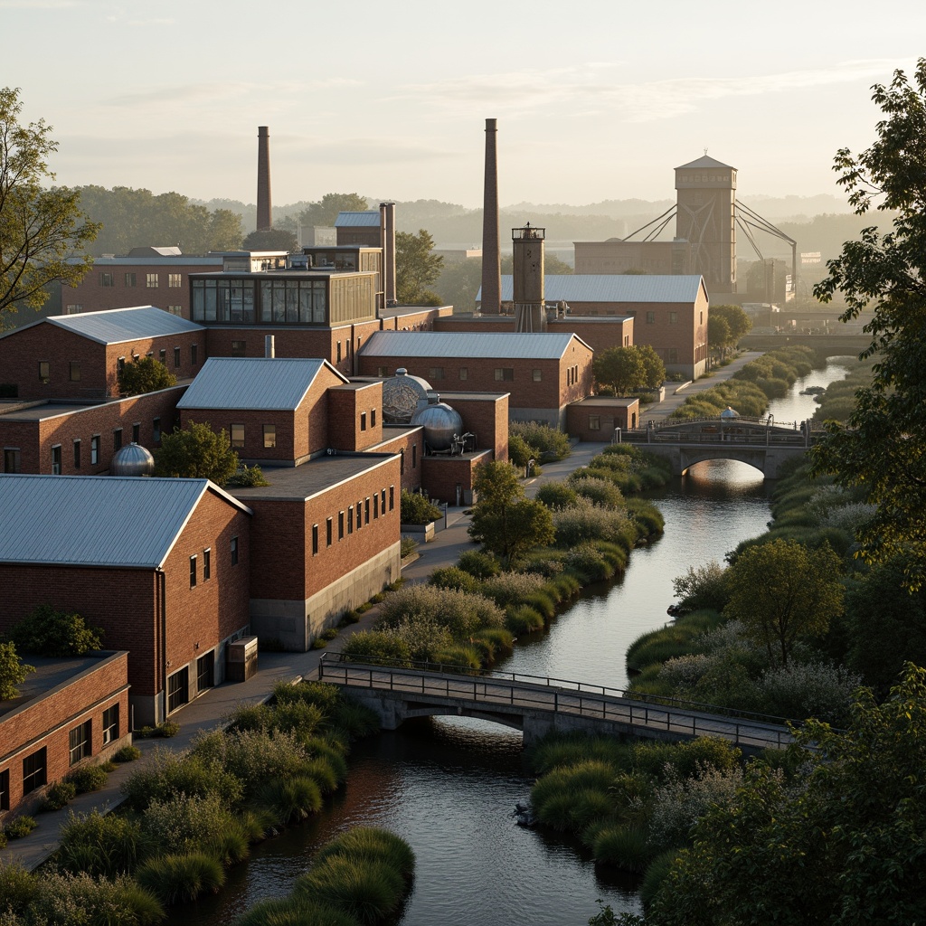 Prompt: Industrial factory complex, rustic brick buildings, corrugated metal roofs, worn concrete walls, vintage machinery, abandoned chimneys, overgrown vegetation, wildflowers, meandering streams, misty atmosphere, soft warm lighting, shallow depth of field, 3/4 composition, panoramic view, realistic textures, ambient occlusion, regionalism-inspired architecture, modern industrial design, functional spaces, exposed ductwork, metal catwalks, reclaimed wood accents, earthy color palette, natural stone pathways, weathered steel bridges.