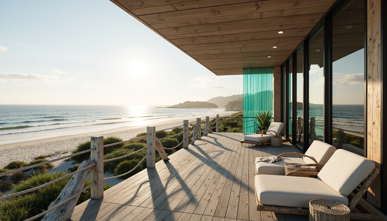 Prompt: Seaside villa, oceanfront views, sandy beaches, driftwood accents, nautical ropes, weathered wooden decks, coral-inspired patterns, turquoise glass railings, sea-salt air, misty mornings, warm sunlight, shallow depth of field, 1/1 composition, symmetrical architecture, modern coastal style, large windows, sliding glass doors, beachy textures, ambient occlusion.