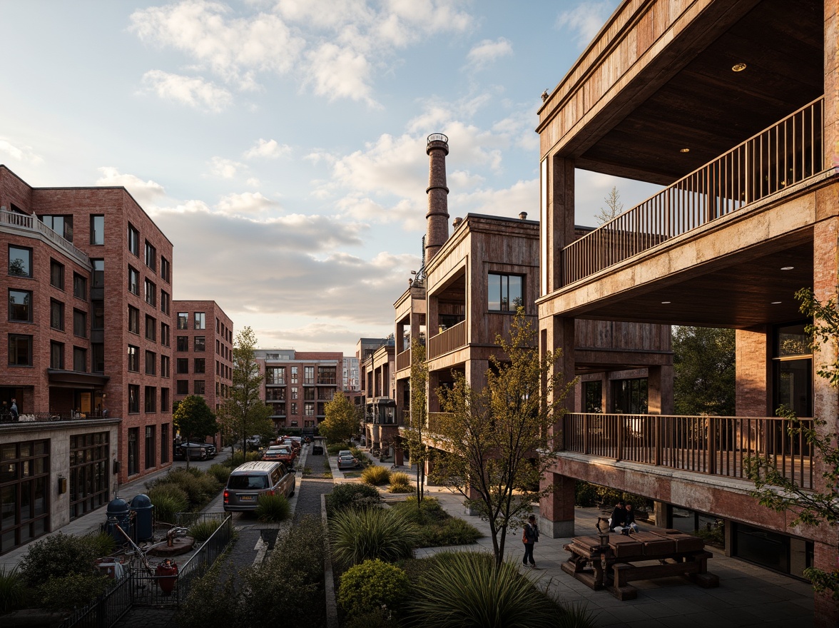 Prompt: Industrial heritage site, exposed brick buildings, rusty metal structures, reclaimed wood accents, vintage factory equipment, urban renewal, mixed-use development, adaptive reuse, modern amenities, sleek glass facades, corten steel cladding, brutalist architecture, post-industrial landscape, overgrown vegetation, abandoned machinery, nostalgic atmosphere, warm golden lighting, shallow depth of field, 2/3 composition, realistic textures, ambient occlusion.