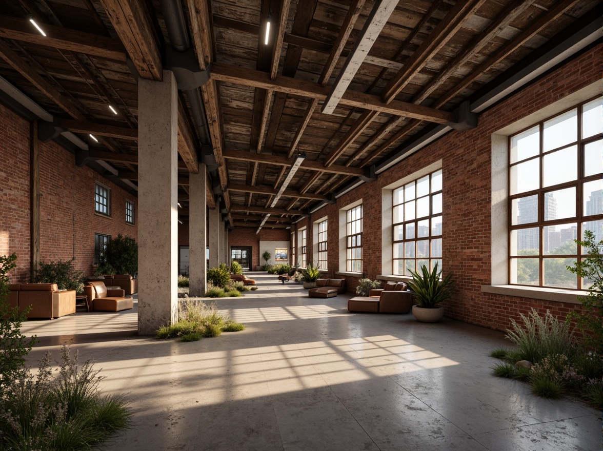 Prompt: Rustic industrial landscape, abandoned factories, worn brick walls, distressed metal roofs, reclaimed wood accents, earthy tones, natural textures, regional materials, local craftsmanship, exposed ductwork, concrete floors, steel beams, functional minimalism, industrial chic aesthetic, warm soft lighting, shallow depth of field, 1/1 composition, realistic renderings, ambient occlusion.