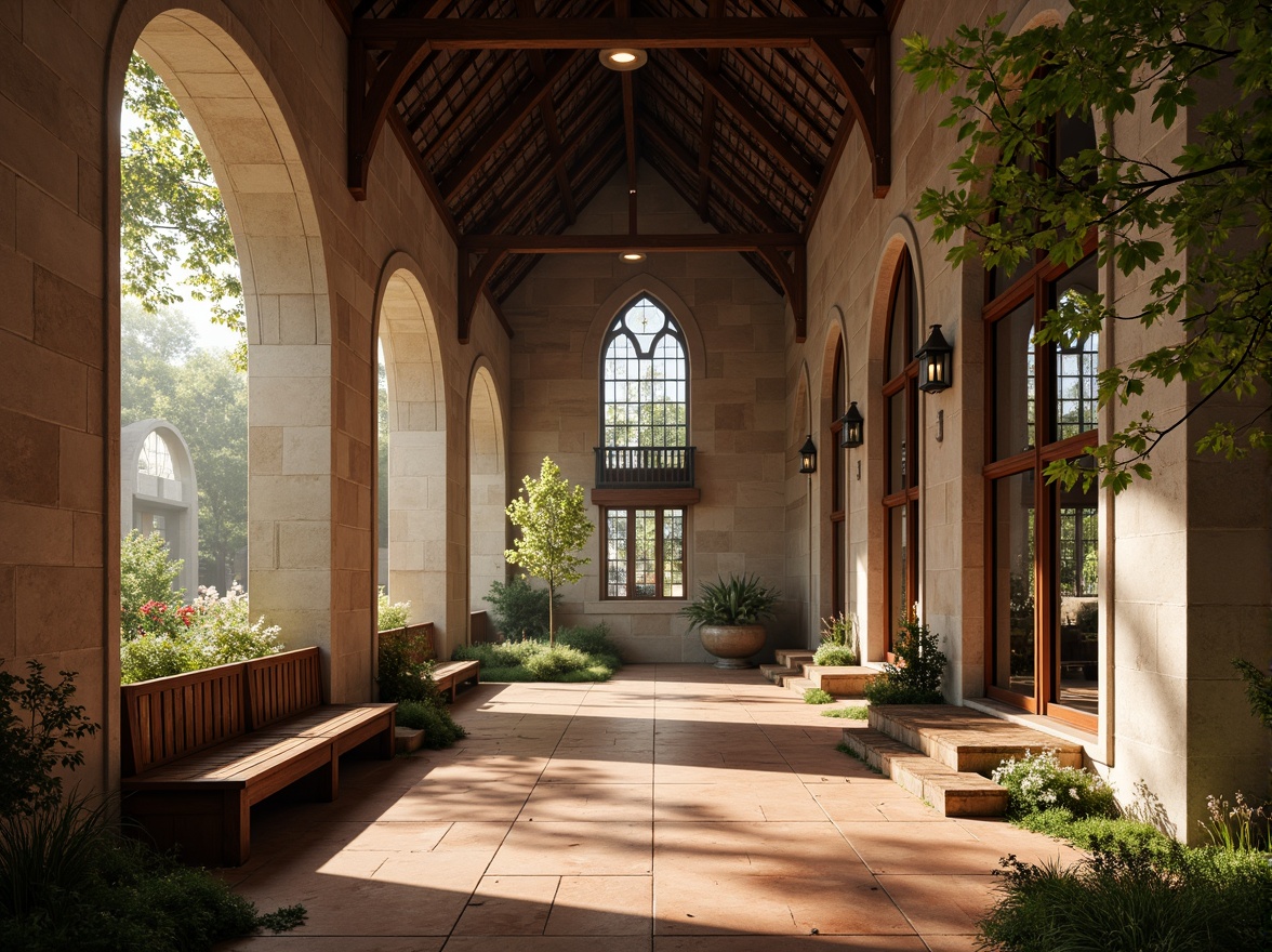 Prompt: Serene monastery courtyard, rustic stone walls, wooden accents, stained glass windows, vaulted ceilings, grand arches, ornate carvings, peaceful cloisters, natural light pouring in, warm soft illumination, subtle shadows, earthy tones, terracotta flooring, worn wooden benches, lush greenery, blooming flowers, misty morning atmosphere, gentle warm lighting, shallow depth of field, 1/1 composition, realistic textures, ambient occlusion.