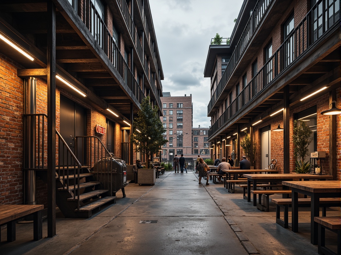 Prompt: Rustic industrial warehouse, exposed brick walls, metal beams, reclaimed wood accents, vintage machinery, distressed concrete floors, urban cityscape, cloudy grey sky, dramatic warm lighting, shallow depth of field, 1/1 composition, realistic textures, ambient occlusion, functional pipes, industrial-style lamps, metallic staircases, minimalist decor, modern urban living, converted loft spaces.