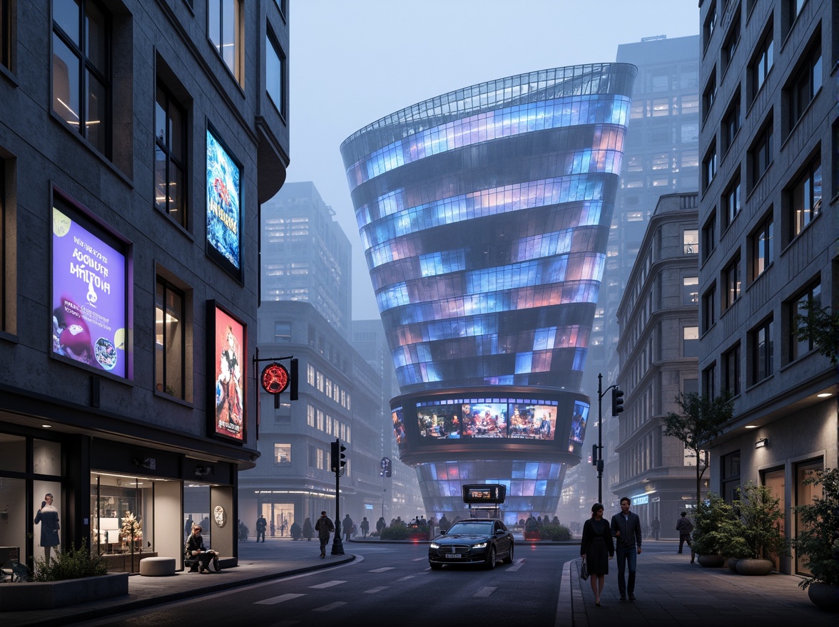 Prompt: Curved futuristic buildings, neon-lit cityscape, misty atmospheric effects, iridescent glass facades, metallic accents, holographic advertisements, cyberpunk-inspired details, vibrant LED lighting, 3D projection mapping, virtual reality interfaces, augmented reality experiences, sleek minimalist interiors, high-tech gadgetry, levitating transportation pods, elevated walkways, panoramic views, shallow depth of field, cinematic composition, realistic textures, ambient occlusion.