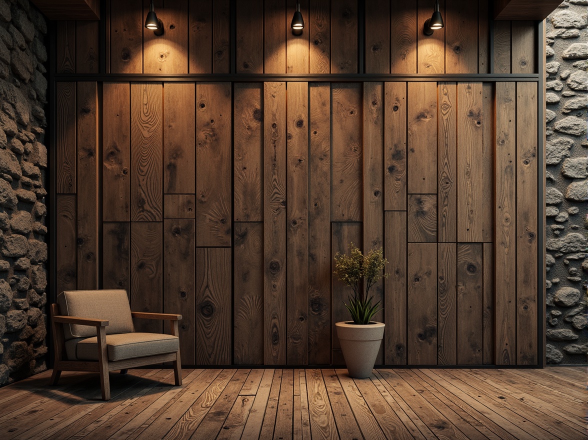 Prompt: Rustic wooden planks, distressed metal panels, rough-hewn stone walls, earthy tone color palette, natural material textures, organic shapes, irregular forms, abstract patterns, moody atmospheric lighting, warm golden hour, shallow depth of field, 1/2 composition, realistic renderings, ambient occlusion.