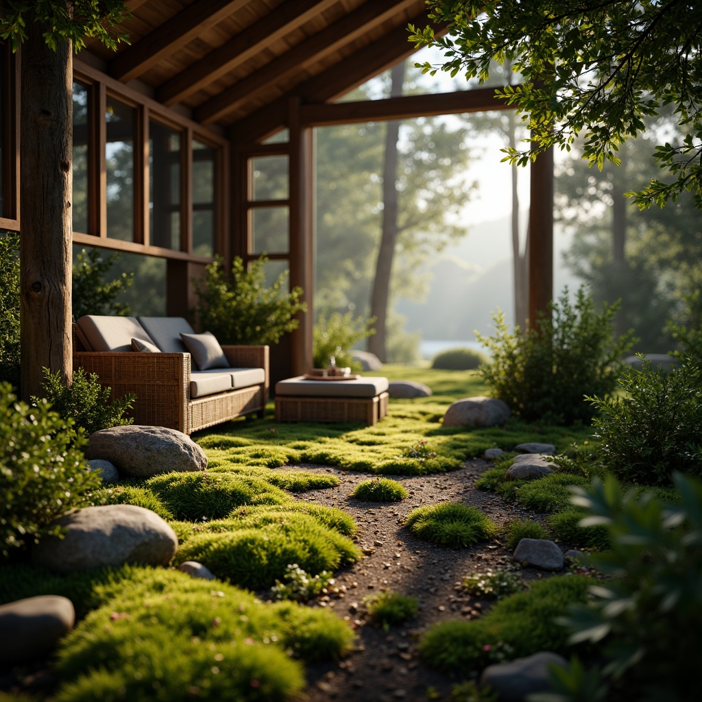 Prompt: Mossy forest floor, lush greenery, earthy tones, natural stone walls, wooden accents, rustic furniture, cozy cabin atmosphere, warm soft lighting, shallow depth of field, 1/1 composition, realistic textures, ambient occlusion, serene misty morning, gentle sunlight filtering through trees, vibrant moss growth, organic shapes, natural materials, earth-inspired color palette.