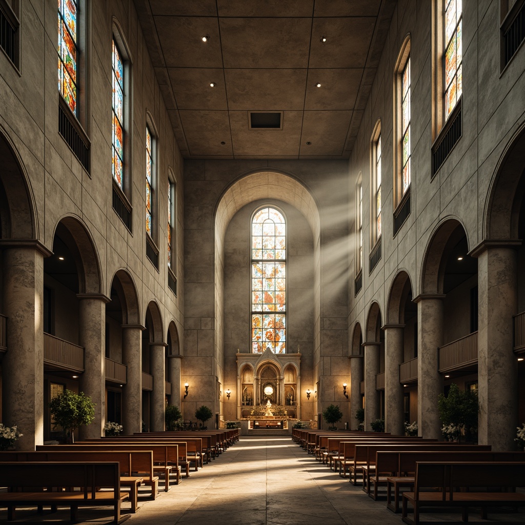 Prompt: Geometric church, brutalist fa\u00e7ade, raw concrete textures, metallic accents, stained glass windows, intricate mosaics, ornate iconography, dramatic lighting, high ceilings, grandiose arches, minimalist pews, sacred relics, atmospheric fog, warm golden light, shallow depth of field, 1/1 composition, symmetrical framing, abstract patterns, distressed stone walls, industrial materials, avant-garde design.