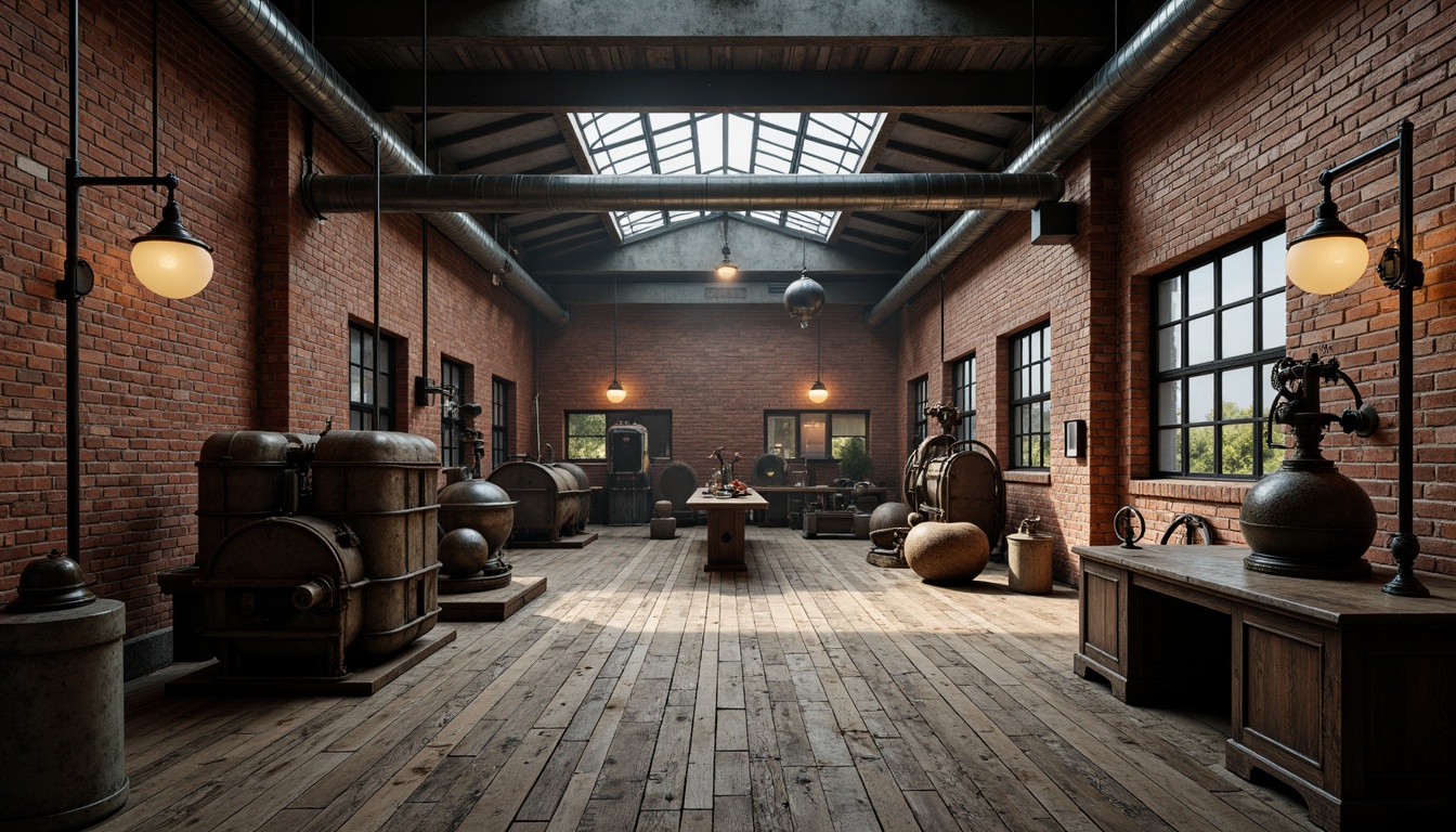 Prompt: Industrial factory setting, exposed brick walls, metal beams, worn wooden floors, vintage machinery, distressed textures, earthy tones, muted colors, rusty reds, weathered blues, faded yellows, industrial greys, urban atmosphere, gritty realism, high contrast lighting, dramatic shadows, cinematic composition, 1/2 camera angle, realistic renderings, ambient occlusion.