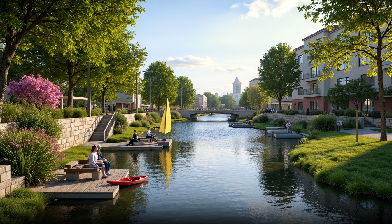 Prompt: Riverbank landscape, serene water flow, lush green vegetation, natural stone walls, wooden docks, sailboats, kayaks, paddleboards, scenic walking paths, benches, picnic areas, vibrant flowers, blooming trees, sunny day, soft warm lighting, shallow depth of field, 3/4 composition, panoramic view, realistic textures, ambient occlusion, gentle river breeze, misty atmosphere, rustic wooden bridges, meandering river streams, tranquil water reflections.