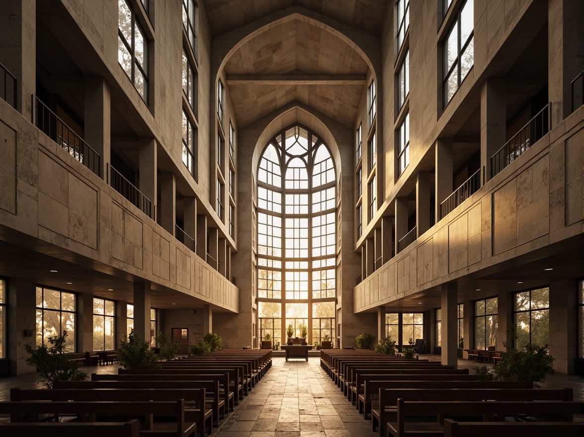 Prompt: Geometric church, brutalist fa\u00e7ade, raw concrete textures, metallic accents, stained glass windows, intricate mosaics, ornate iconography, dramatic lighting, high ceilings, grandiose arches, minimalist pews, sacred relics, atmospheric fog, warm golden light, shallow depth of field, 1/1 composition, symmetrical framing, abstract patterns, distressed stone walls, industrial materials, avant-garde design.