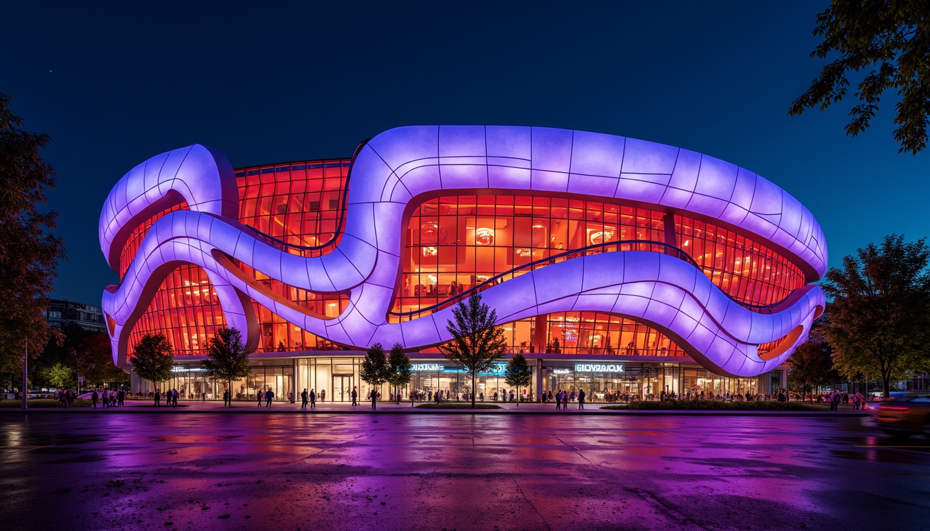 Prompt: Vibrant stadium facade, dynamic curves, bold angular lines, futuristic expressionist architecture, neon-lit LED lights, abstract geometric patterns, irregular shapes, clashing colors, distorted proportions, oversized arches, sweeping cantilevers, dramatic shadows, high-contrast lighting, 1/2 composition, low-angle shot, cinematic atmosphere, realistic materials, ambient occlusion.