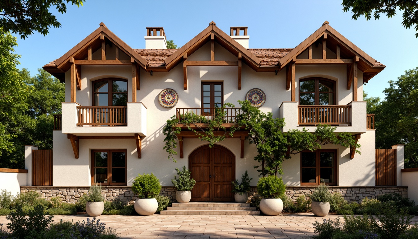 Prompt: Rustic regionalist facade, earthy tones, natural stone walls, wooden accents, steeply pitched roofs, ornate chimneys, decorative trusses, vibrant floral patterns, colorful ceramic tiles, intricate stonework, arched windows, heavy wooden doors, lush greenery, blooming vines, sunny day, warm soft lighting, shallow depth of field, 3/4 composition, panoramic view, realistic textures, ambient occlusion.