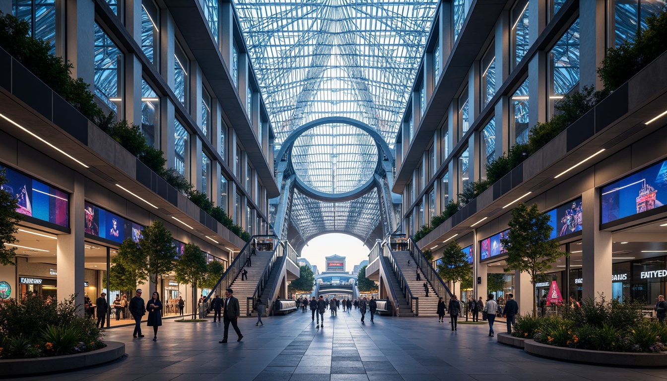 Prompt: Futuristic transportation hub, curved metallic structures, dynamic LED lighting, sleek glass fa\u00e7ades, angular steel beams, cantilevered roofs, vibrant neon colors, bustling urban atmosphere, morning rush hour, soft natural light, shallow depth of field, 1/1 composition, symmetrical framing, high-contrast textures, ambient occlusion, intricate network patterns, modernist architecture, sustainable energy systems, green roofs, eco-friendly materials, innovative ventilation technologies, shaded pedestrian walkways, misting systems.