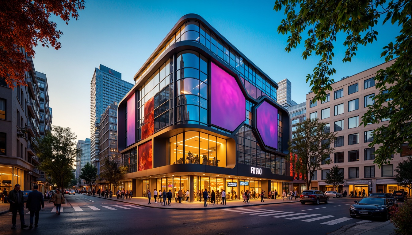 Prompt: Vibrant commercial building, bold geometric shapes, neon-lit signage, metallic accents, glass fa\u00e7ade, modern architecture, urban cityscape, bustling streets, daytime scene, warm golden lighting, high-contrast colors, deep blues, bright yellows, fiery oranges, electric purples, 3/4 composition, shallow depth of field, realistic textures, ambient occlusion.