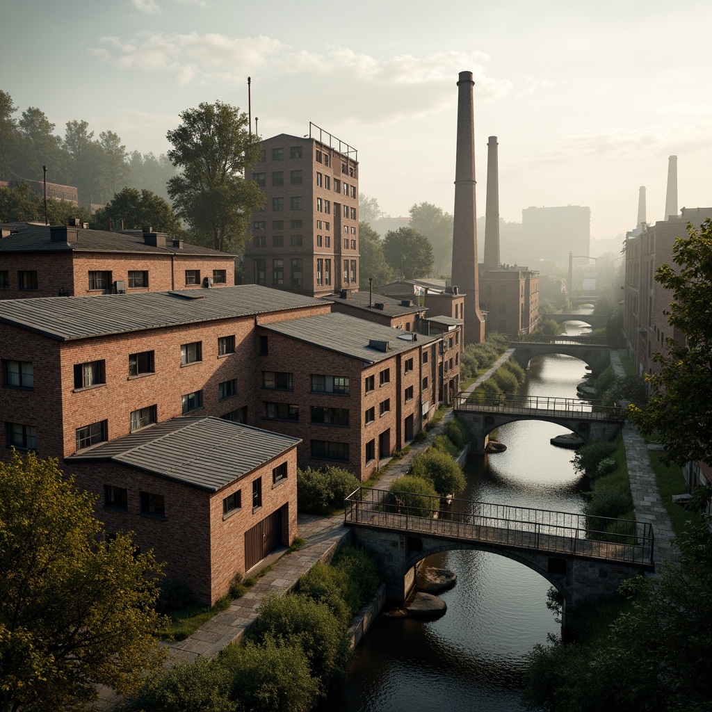 Prompt: Industrial factory complex, rustic brick buildings, corrugated metal roofs, worn concrete walls, vintage machinery, abandoned chimneys, overgrown vegetation, wildflowers, meandering streams, misty atmosphere, soft warm lighting, shallow depth of field, 3/4 composition, panoramic view, realistic textures, ambient occlusion, regionalism-inspired architecture, modern industrial design, functional spaces, exposed ductwork, metal catwalks, reclaimed wood accents, earthy color palette, natural stone pathways, weathered steel bridges.