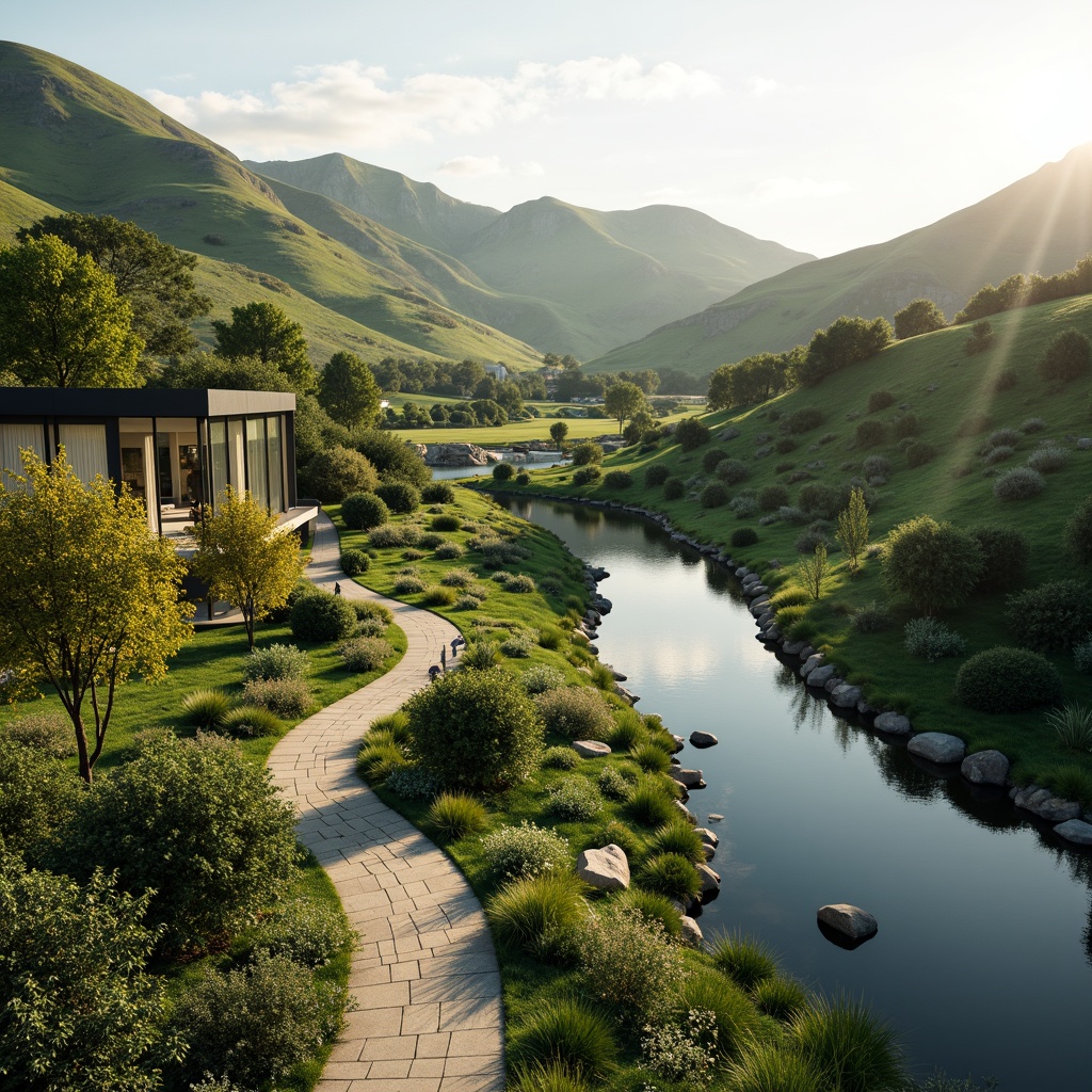 Prompt: Harmonious landscape integration, rolling hills, lush greenery, serene water features, walking trails, natural stone pathways, modern architecture, sleek glass buildings, minimalist design, seamless transitions, blurred boundaries, soft warm lighting, shallow depth of field, 3/4 composition, panoramic view, realistic textures, ambient occlusion.