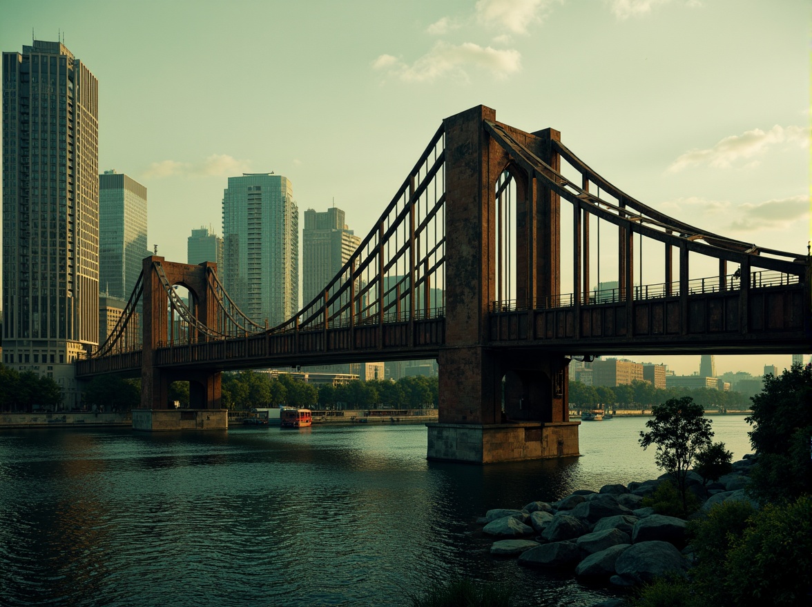 Prompt: Rustic steel bridges, industrial-era aesthetic, weathered metal textures, earthy tones, muted greens, blues and grays, warm golden lighting, misty atmospheric effects, dramatic shadows, 3/4 composition, cinematic view, realistic reflections, ambient occlusion, urban cityscape, riverbank setting, lush vegetation, natural stone piers, modern architectural elements, sleek cable systems.