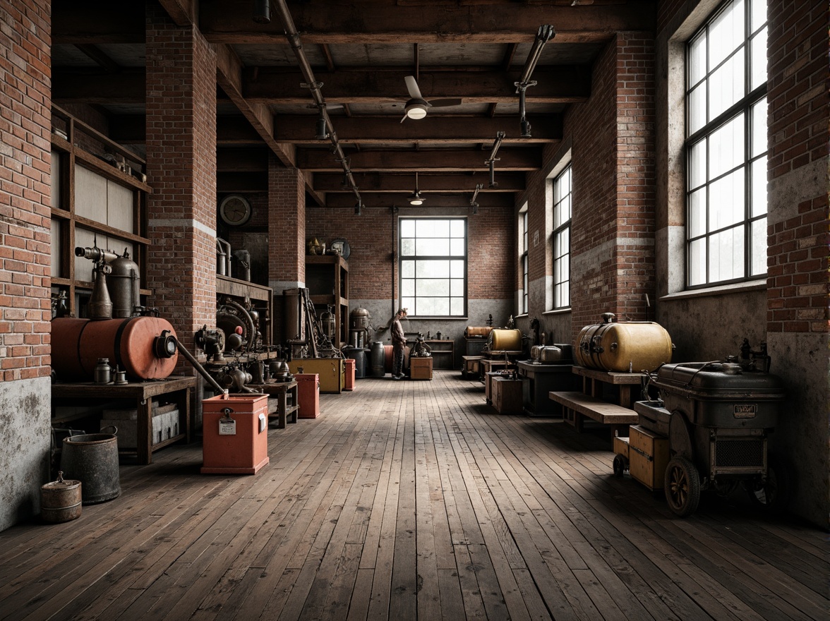 Prompt: Industrial factory setting, exposed brick walls, metal beams, worn wooden floors, vintage machinery, distressed textures, earthy tones, muted colors, rusty reds, weathered blues, faded yellows, industrial greys, urban atmosphere, gritty realism, high contrast lighting, dramatic shadows, cinematic composition, 1/2 camera angle, realistic renderings, ambient occlusion.