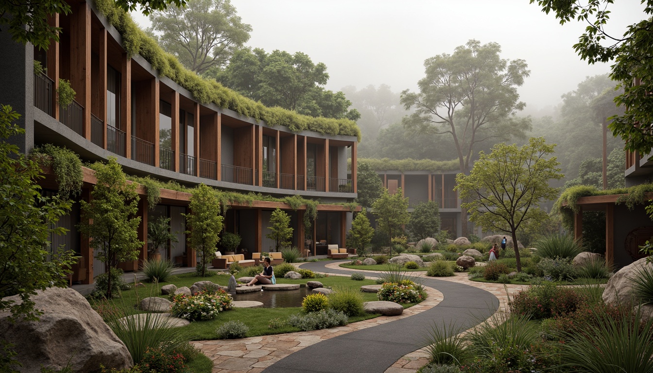 Prompt: Earthy tones, natural stone walls, reclaimed wood accents, living green roofs, organic curves, flowing lines, biomimetic forms, sustainable materials, eco-friendly design, earthy scent, misty atmosphere, soft warm lighting, shallow depth of field, 3/4 composition, panoramic view, realistic textures, ambient occlusion.