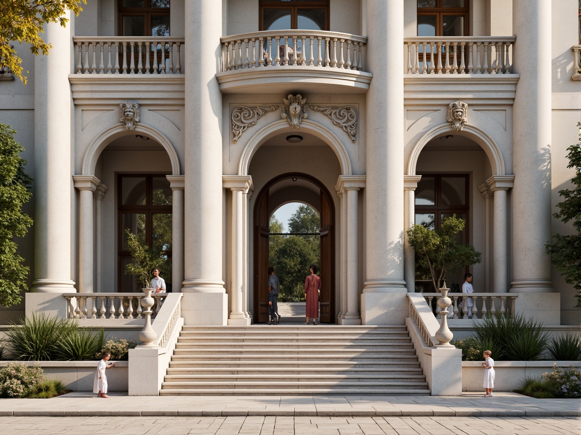 Prompt: Grandiose building facade, ornate columns, intricately carved details, symmetrical composition, classical proportions, limestone or marble materials, subtle color palette, soft natural light, warm afternoon ambiance, shallow depth of field, 2/3 composition, realistic textures, ambient occlusion, ornamental balustrades, decorative friezes, sculpted pediments, grand entranceways, sweeping staircases, elegant archways, refined moldings, luxurious ornamentation.