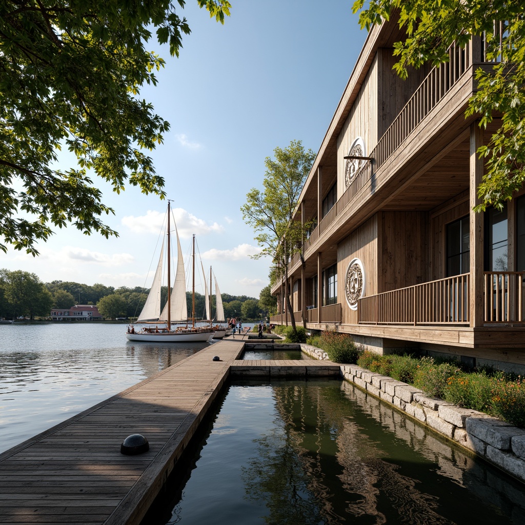 Prompt: Waterfront location, serene lake views, wooden dock, sailboats, classic boathouse architecture, rustic wooden facades, ornate metal decorations, vintage nautical elements, distressed wood textures, earthy color palette, natural stone foundations, lush greenery, overhanging trees, warm sunny day, soft diffused lighting, shallow depth of field, 1/2 composition, realistic reflections, ambient occlusion.