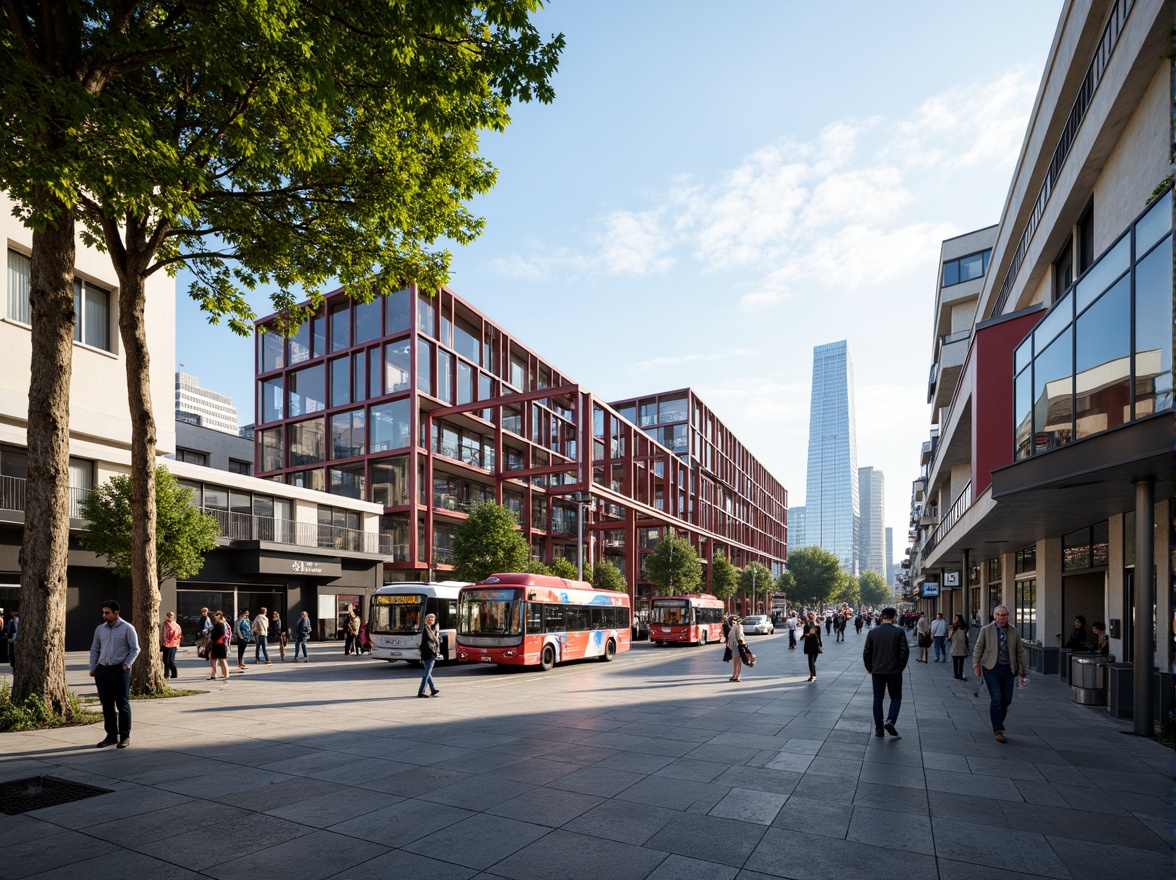 Prompt: Vibrant bus station, modern architecture, sleek metal structures, large glass windows, urban cityscape, busy streets, pedestrian traffic, public transportation hub, dynamic color scheme, bold primary colors, contrasting secondary hues, bright accents, energetic atmosphere, morning sunlight, soft warm lighting, shallow depth of field, 3/4 composition, realistic textures, ambient occlusion.