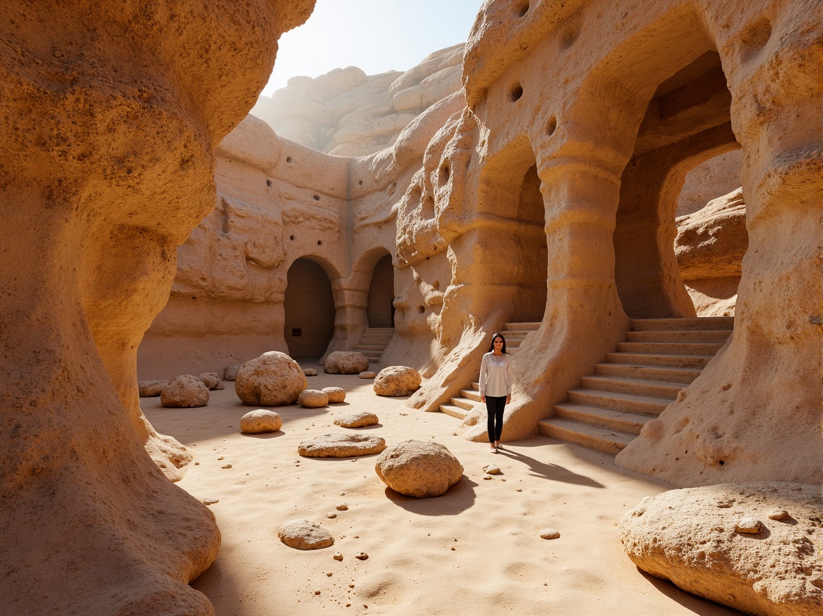 Prompt: Weathered sand-casted walls, rough stone textures, earthy tones, organic forms, natural erosion patterns, intricate rock formations, desert landscape, warm sunny day, soft diffused lighting, shallow depth of field, 3/4 composition, panoramic view, realistic textures, ambient occlusion.