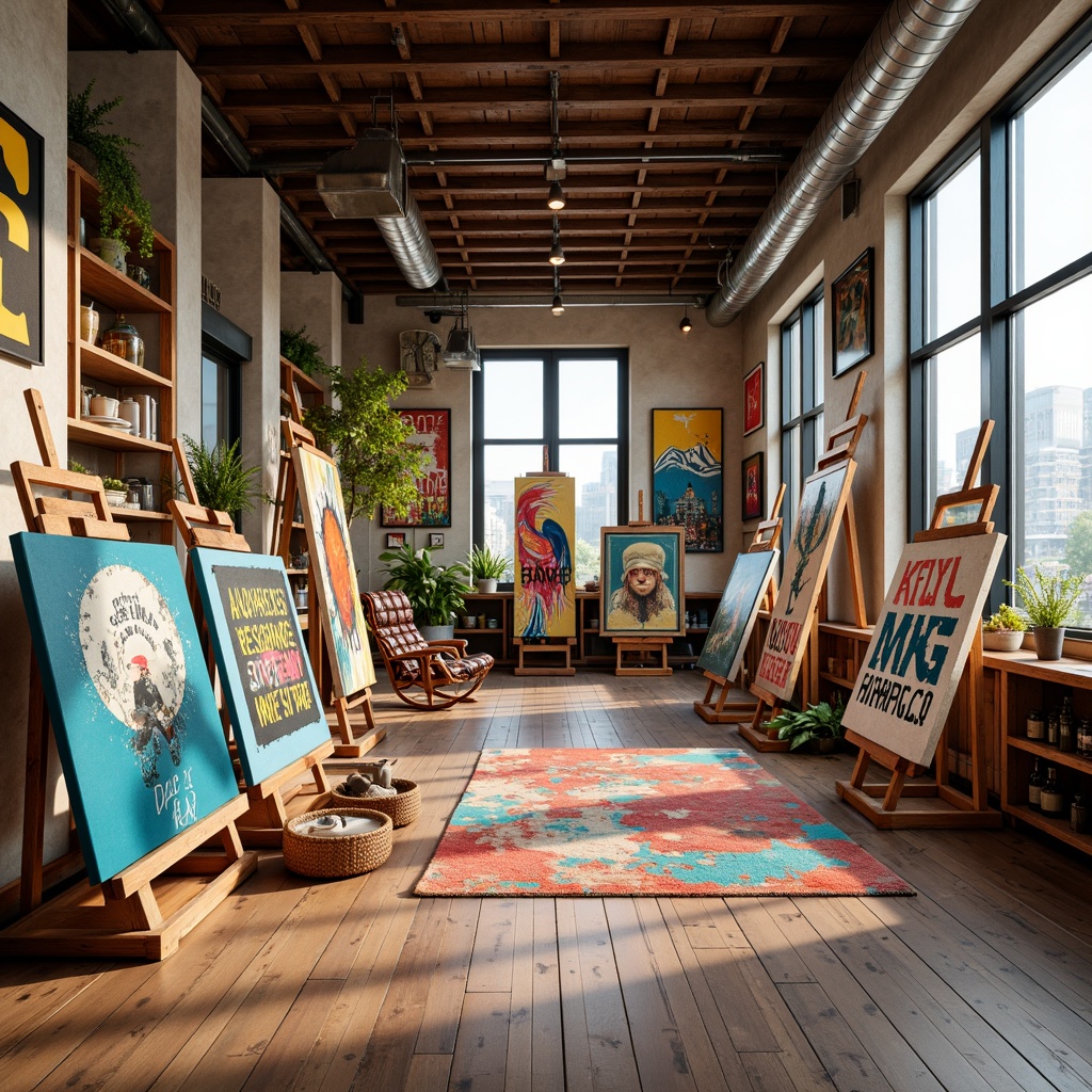 Prompt: Vibrant modern art studio, eclectic color palette, bold brushstrokes, textured canvases, artistic easels, inspirational quotes, natural wood floors, industrial metal beams, oversized windows, soft warm lighting, 3/4 composition, shallow depth of field, realistic textures, ambient occlusion.