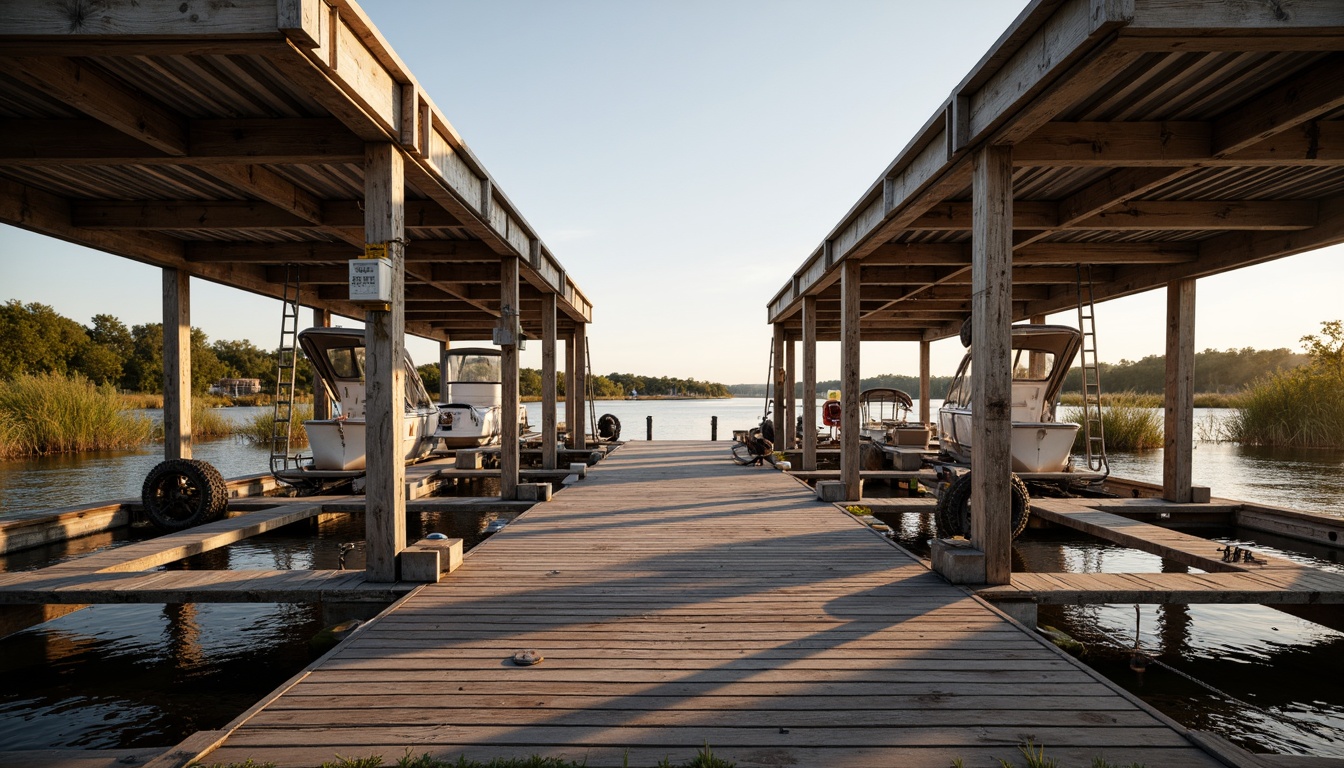 Prompt: Rustic wooden dock, weathered boat lifts, nautical ropes, distressed wood accents, corrugated metal roofs, wooden pilings, aquatic plants, serene lake views, warm golden lighting, shallow depth of field, 1/2 composition, symmetrical framing, realistic water reflections, ambient occlusion.