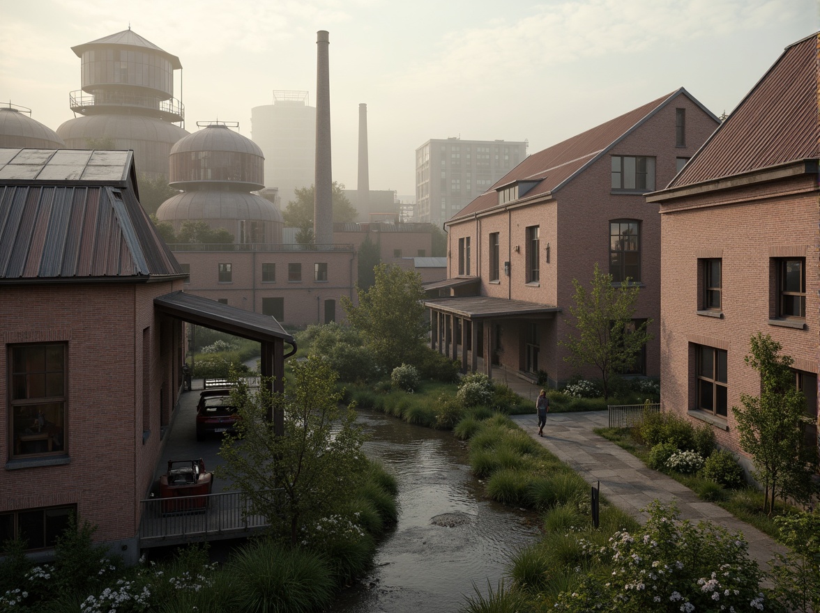 Prompt: Industrial factory complex, rustic brick buildings, corrugated metal roofs, worn concrete walls, vintage machinery, abandoned chimneys, overgrown vegetation, wildflowers, meandering streams, misty atmosphere, soft warm lighting, shallow depth of field, 3/4 composition, panoramic view, realistic textures, ambient occlusion, regionalism-inspired architecture, modern industrial design, functional spaces, exposed ductwork, metal catwalks, reclaimed wood accents, earthy color palette, natural stone pathways, weathered steel bridges.