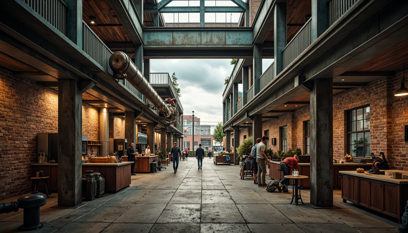 Prompt: Industrial factory setting, exposed brick walls, metal beams, worn wooden floors, distressed concrete textures, vintage machinery, rusty pipes, urban cityscape, cloudy grey skies, warm golden lighting, shallow depth of field, 1/2 composition, realistic materials, ambient occlusion, muted color palette, earthy tones, weathered steel blues, faded reds, industrial greens, creamy whites, rich browns.