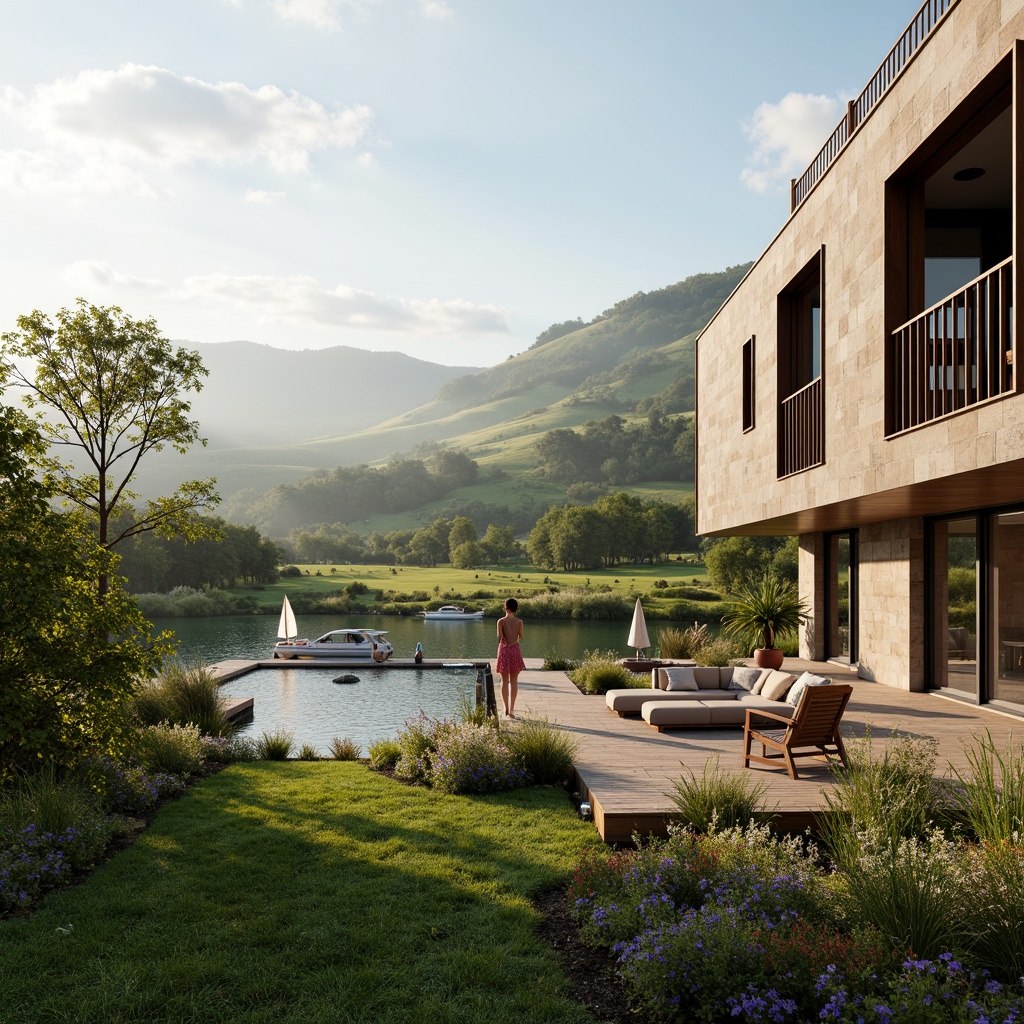 Prompt: Rolling hills, lush green meadows, serene lakeside, wooden docks, sailboats, misty morning, warm sunlight, soft focus, shallow depth of field, 3/4 composition, panoramic view, realistic textures, ambient occlusion, modern architecture, sleek lines, minimalist design, floor-to-ceiling windows, sliding glass doors, natural stone walls, wooden accents, cozy interior spaces, comfortable outdoor furniture, vibrant colorful textiles, intricate geometric patterns.