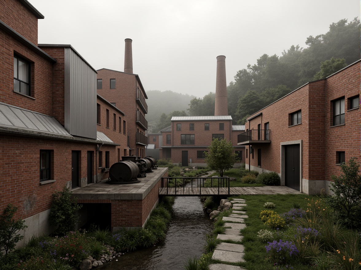 Prompt: Industrial factory complex, rustic brick buildings, corrugated metal roofs, worn concrete walls, vintage machinery, abandoned chimneys, overgrown vegetation, wildflowers, meandering streams, misty atmosphere, soft warm lighting, shallow depth of field, 3/4 composition, panoramic view, realistic textures, ambient occlusion, regionalism-inspired architecture, modern industrial design, functional spaces, exposed ductwork, metal catwalks, reclaimed wood accents, earthy color palette, natural stone pathways, weathered steel bridges.