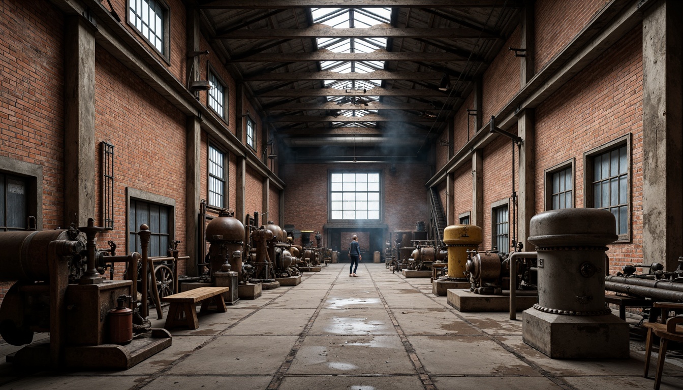 Prompt: Industrial factory setting, exposed brick walls, metal beams, worn wooden floors, vintage machinery, distressed textures, earthy tones, muted colors, rusty reds, weathered blues, faded yellows, industrial greys, urban atmosphere, gritty realism, high contrast lighting, dramatic shadows, cinematic composition, 1/2 camera angle, realistic renderings, ambient occlusion.