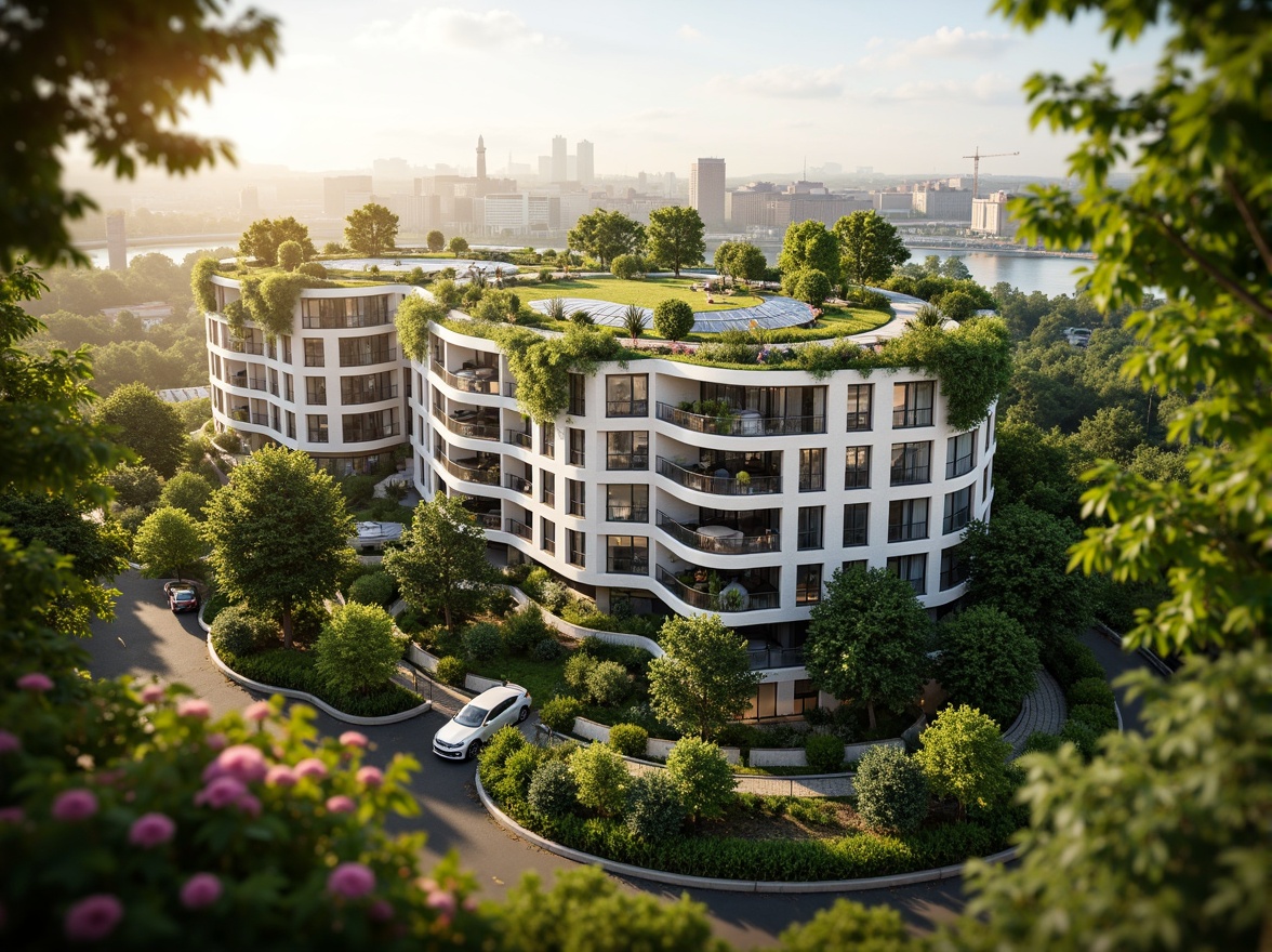 Prompt: Eco-friendly apartment building, curved blob-like shape, green roofs, solar panels, wind turbines, rainwater harvesting systems, recycled materials, natural ventilation, large windows, minimal ornamentation, soft warm lighting, shallow depth of field, 3/4 composition, panoramic view, realistic textures, ambient occlusion, lush greenery, vibrant flowers, urban forest, morning sunlight, gentle breeze, peaceful atmosphere.