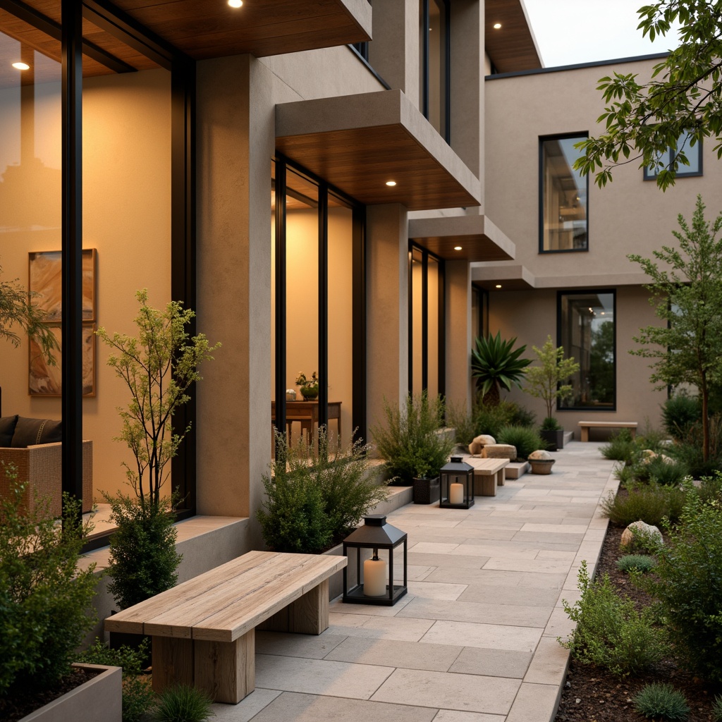 Prompt: Warm beige exterior walls, large glass windows, wooden accents, modern minimalist design, inviting entrance, outdoor seating area, lush greenery, potted plants, natural stone flooring, warm lighting, cozy ambiance, rustic wooden benches, metal lanterns, soft warm color scheme, shallow depth of field, 1/1 composition, realistic textures, ambient occlusion.