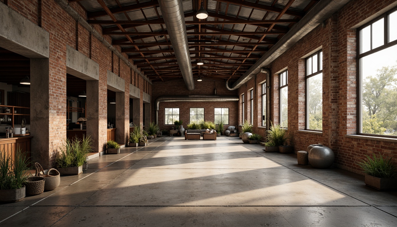 Prompt: Rustic industrial landscape, abandoned factories, worn brick walls, distressed metal roofs, reclaimed wood accents, earthy tones, natural textures, regional materials, local craftsmanship, exposed ductwork, concrete floors, steel beams, functional minimalism, industrial chic aesthetic, warm soft lighting, shallow depth of field, 1/1 composition, realistic renderings, ambient occlusion.