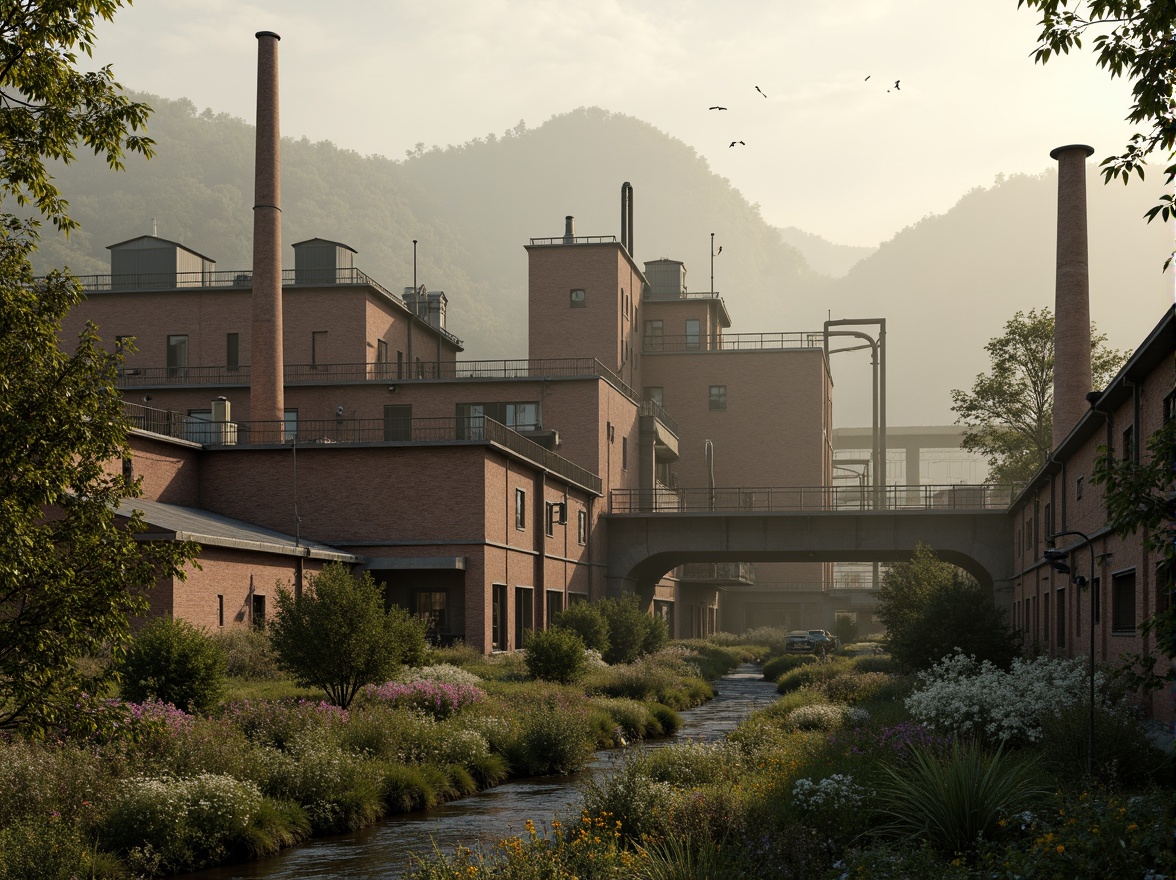 Prompt: Industrial factory complex, rustic brick buildings, corrugated metal roofs, worn concrete walls, vintage machinery, abandoned chimneys, overgrown vegetation, wildflowers, meandering streams, misty atmosphere, soft warm lighting, shallow depth of field, 3/4 composition, panoramic view, realistic textures, ambient occlusion, regionalism-inspired architecture, modern industrial design, functional spaces, exposed ductwork, metal catwalks, reclaimed wood accents, earthy color palette, natural stone pathways, weathered steel bridges.