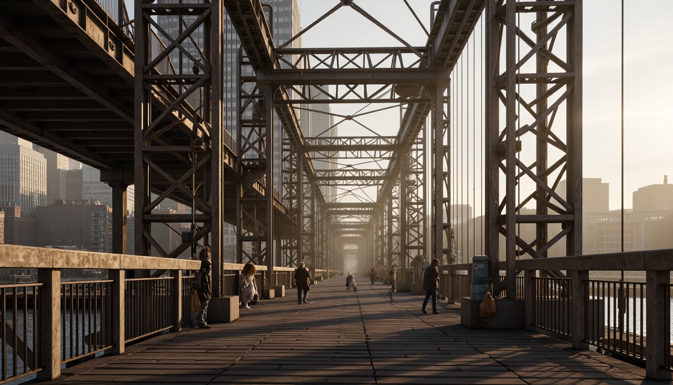 Prompt: Rustic steel bridges, industrial architecture, exposed beams, reinforced concrete pillars, suspension cables, metallic latticework, urban cityscape, misty morning atmosphere, soft warm lighting, shallow depth of field, 3/4 composition, panoramic view, realistic textures, ambient occlusion, intricate structural details, geometric patterns, modern engineering marvels, safety inspection equipment, construction cranes, warning signs, safety nets.