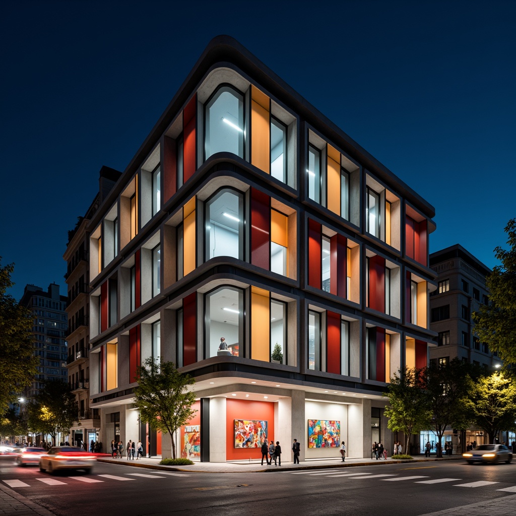 Prompt: Geometric hotel facade, asymmetrical composition, rectangular windows, industrial materials, raw concrete walls, steel beams, minimalist decor, functional simplicity, bold color accents, abstract artwork, urban cityscape, busy streets, modern streetlights, dramatic nighttime lighting, low-angle shot, 1/2 composition, high-contrast tone, cinematic atmosphere, brutalist architecture, clean lines, rectangular shapes, functional minimalism.