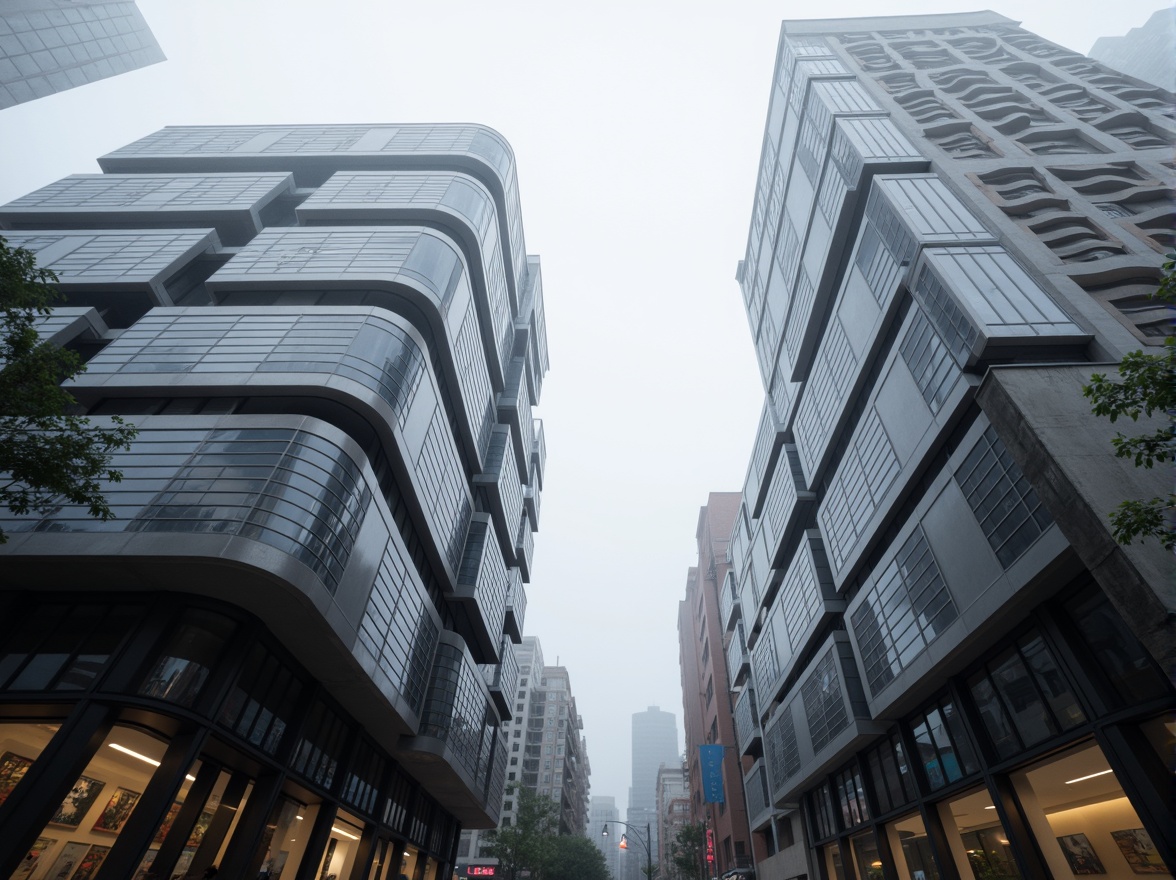 Prompt: Sleek curvilinear buildings, streamlined modern architecture, Art Deco influences, metallic materials, polished chrome accents, rounded edges, smooth curves, dynamic shapes, futuristic vibes, urban cityscape, morning fog, soft diffused lighting, shallow depth of field, 1/1 composition, symmetrical framing, high-contrast textures, ambient occlusion.