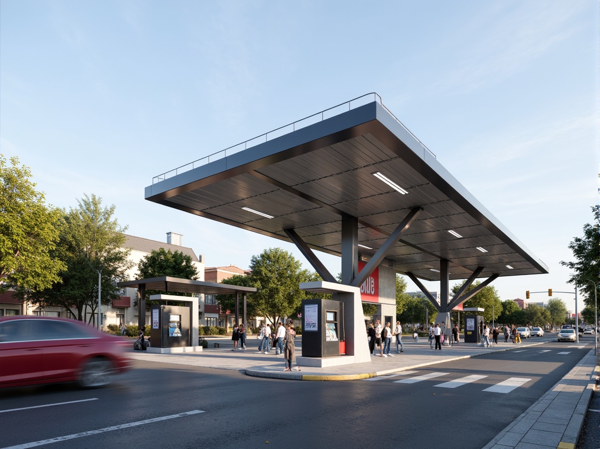 Prompt: Modern gas station, sleek canopy structure, minimalist design, angular lines, stainless steel beams, translucent roofing, natural ventilation, LED lighting, futuristic fuel pumps, digital signage, urban landscape, busy streets, morning sunlight, shallow depth of field, 1/1 composition, realistic textures, ambient occlusion.